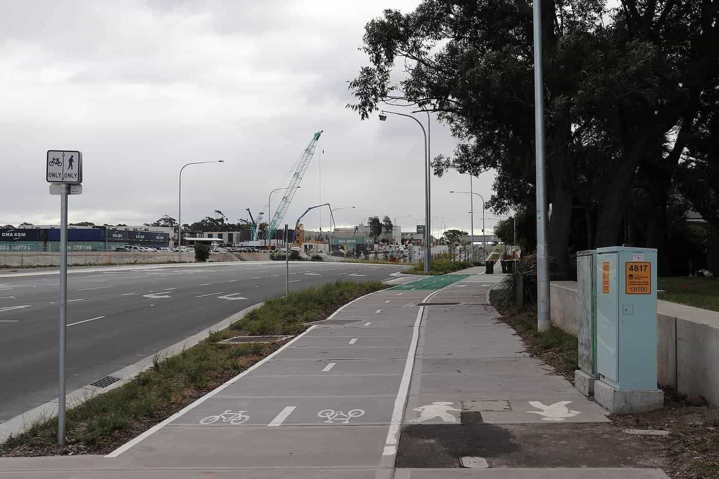 A separated shared path in Sydney with a bicycle lane beside a footpath